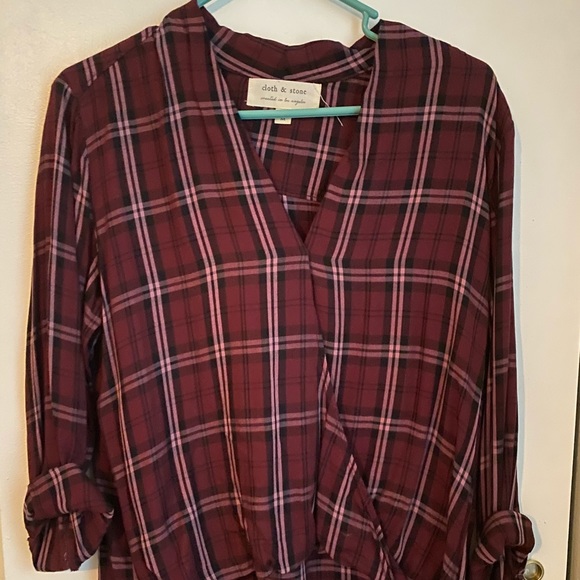 cloth & stone Tops - Cloth & Stone Faux-Wrap Drop-Hem Plaid Top